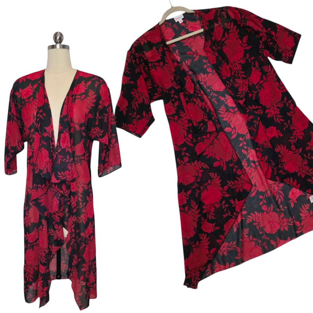 LuLaRoe Shirley Kimono Small Roses Red Black Floral Chiffon Long Duster Coverup